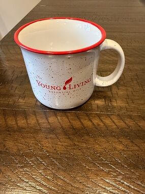 Young Living White Ceramic Mug with Red Rim and Speckles
